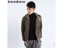 innobox男裝秋冬连帽褶皱条纹保暖宽松短款开衫卫衣外套